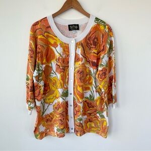 Bob Mackie Wearable Art Floral Orange Yellow Cardigan Sweater 1X Cotton Blend